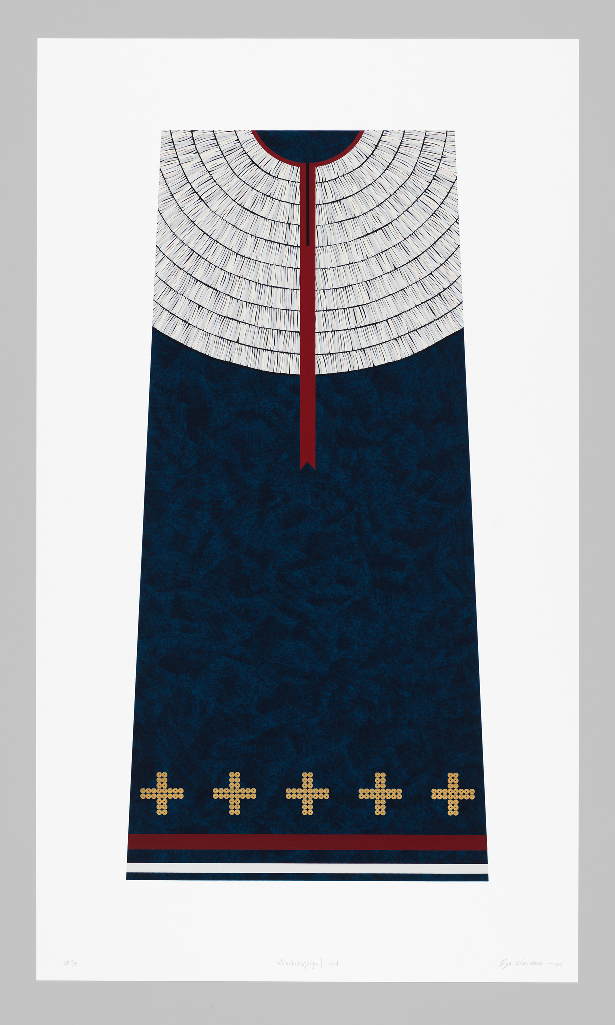 A dark blue dress with a white, layered collar, red trim, and gold cross patterns near the bottom.