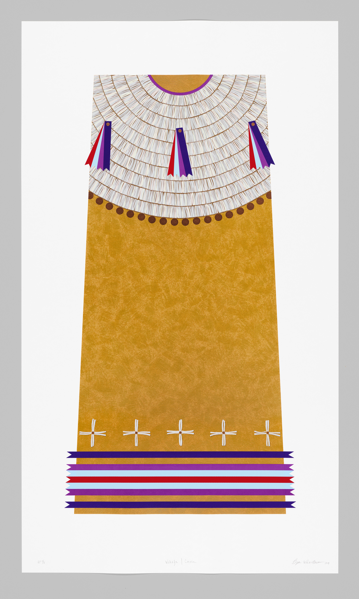 Graphic artwork of a stylized traditional garment with geometric patterns and vibrant colors.