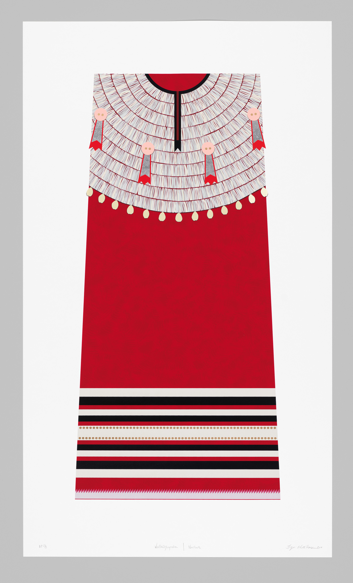 Graphic print of a traditional red and white Native American dress with intricate patterns and beadwork.
