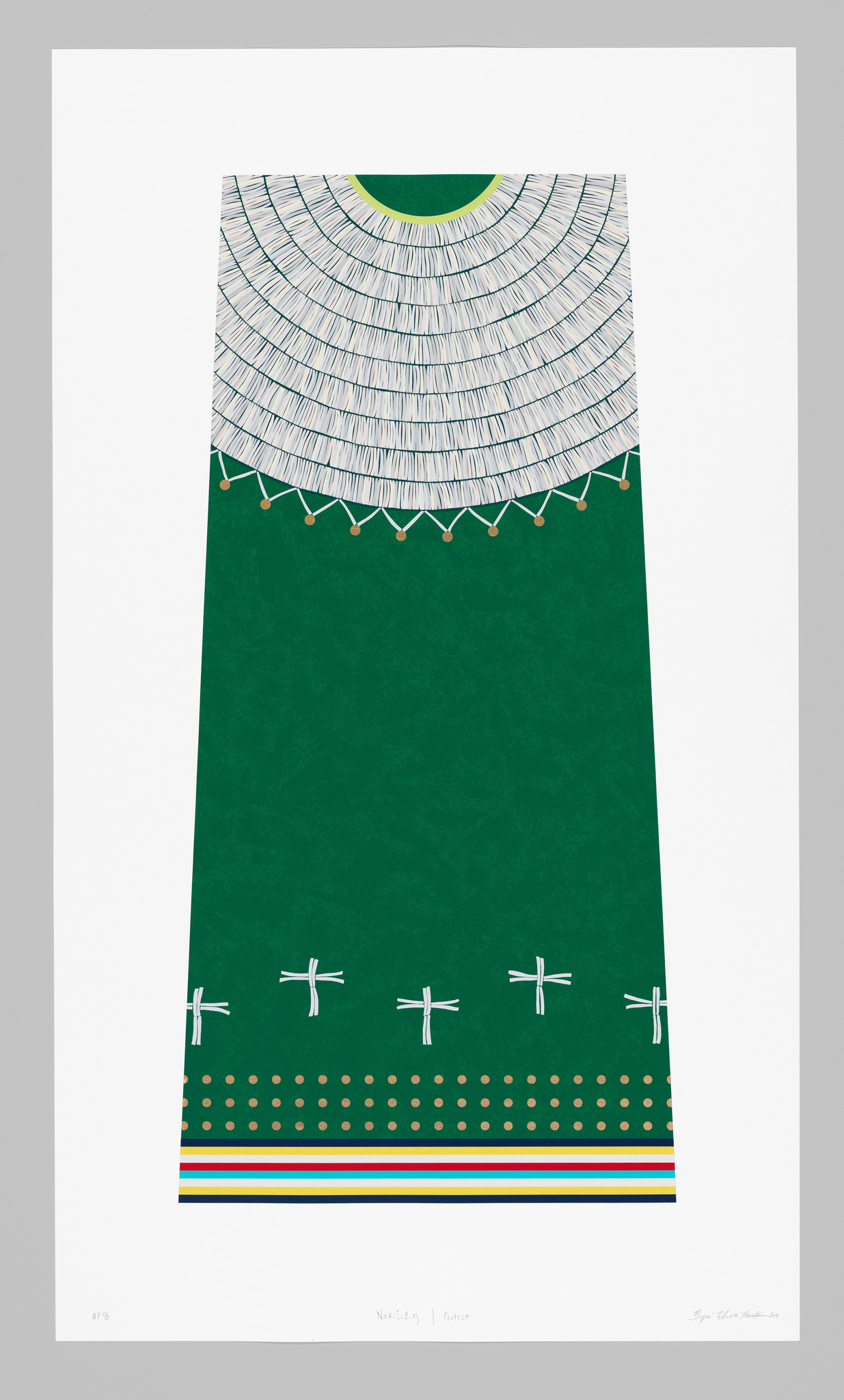 A stylized green dress with a white, circular collar, gold dots, and colorful horizontal stripes near the bottom.