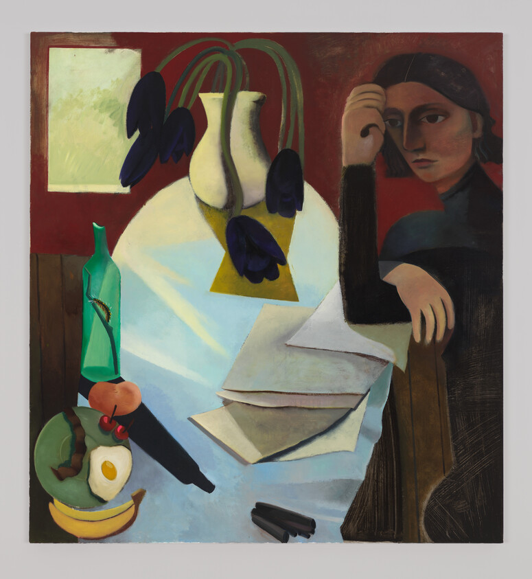 A person sits at a table with wilted flowers, scattered papers, fruit, and a plate with an egg.