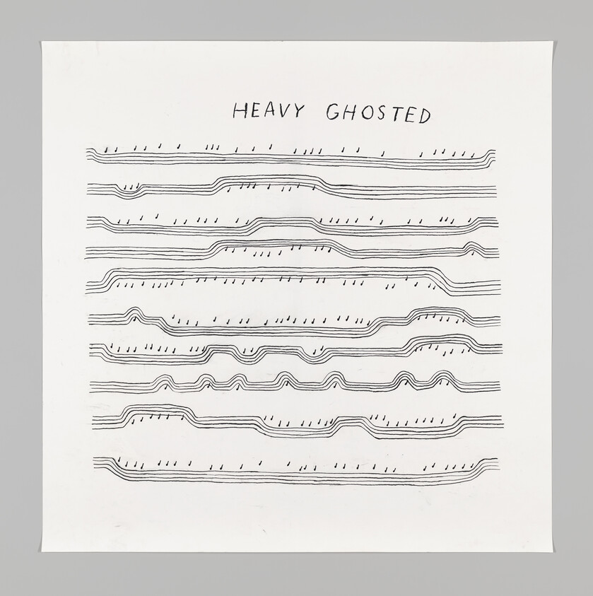 Handwritten text "HEAVY GHOSTED" above several wavy, parallel lines with small vertical marks scattered throughout.