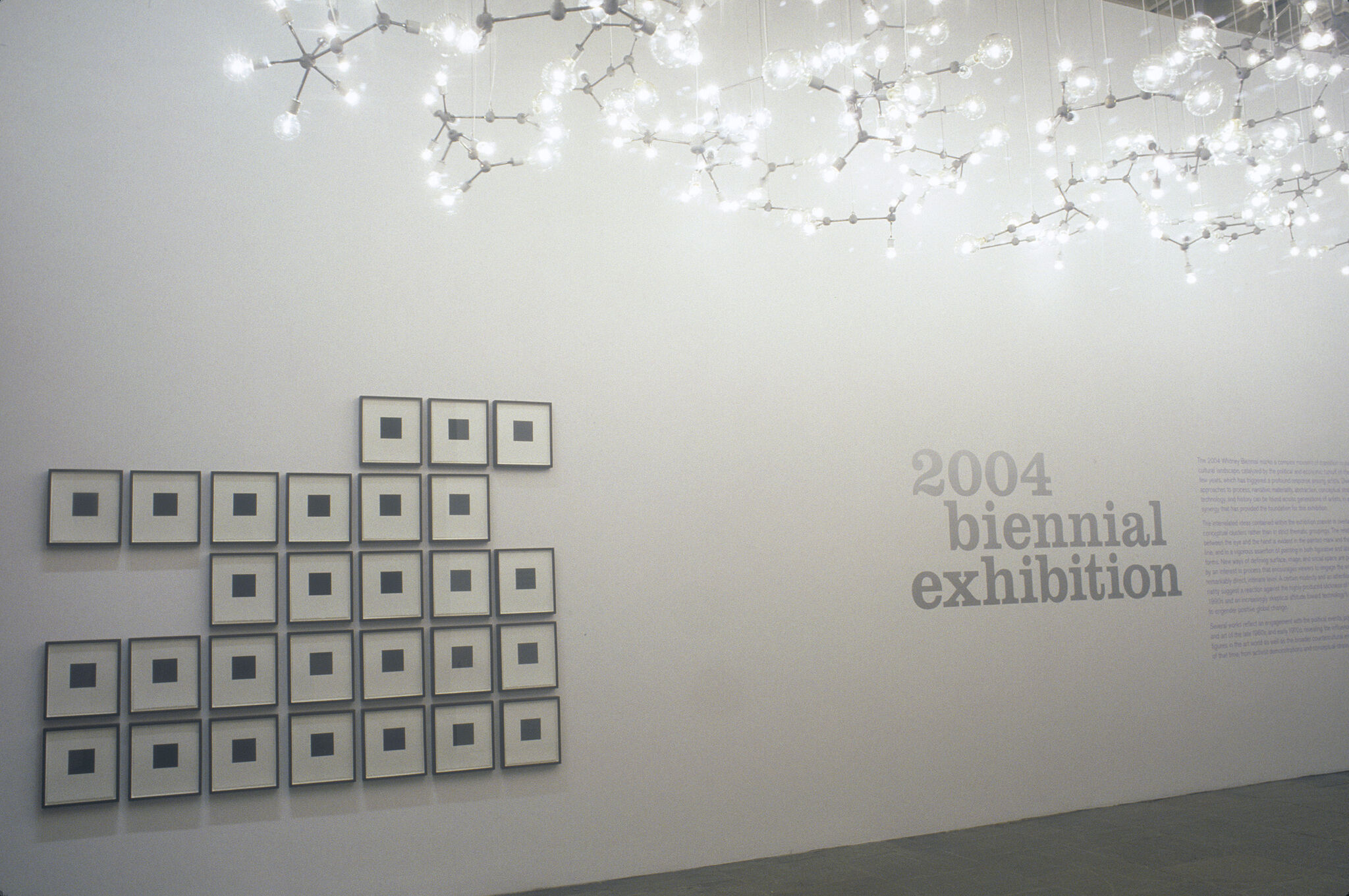 Bright lightbulbs hanging from the ceiling along with prints of black squares displayed next to wall text for the 2004 Biennial Exhibition.