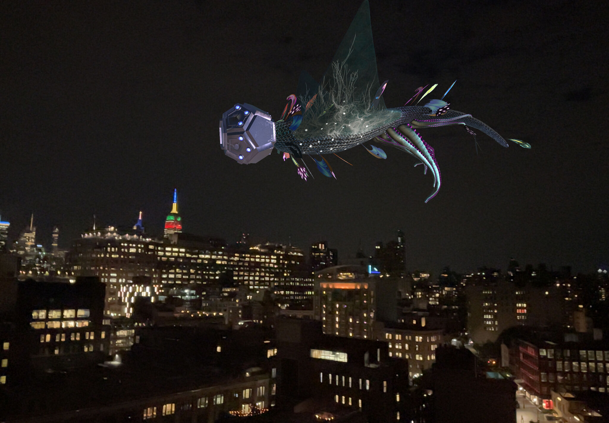 A creature hovers over a night skyline. 