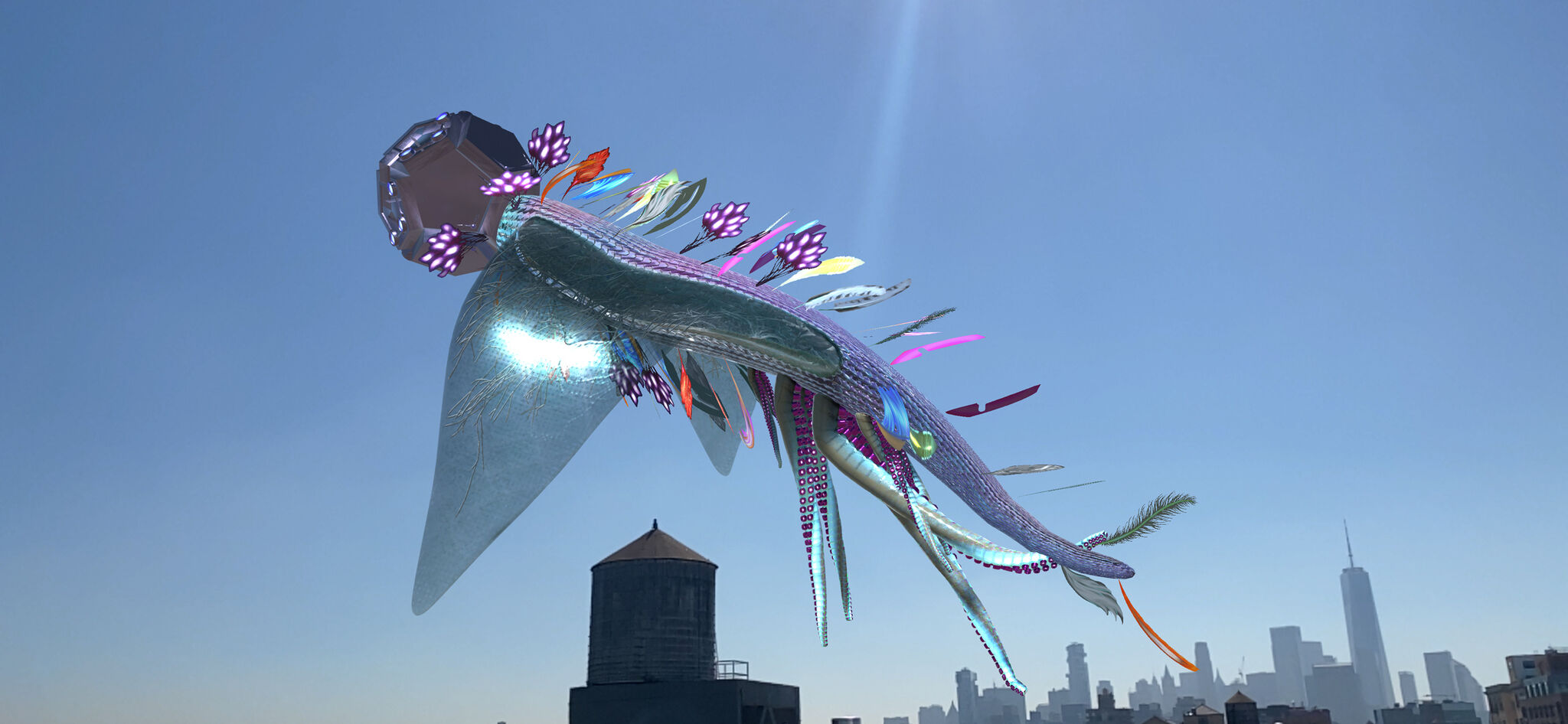A large creature floats in a very sunny sky with many feathers fluttering around its body. 