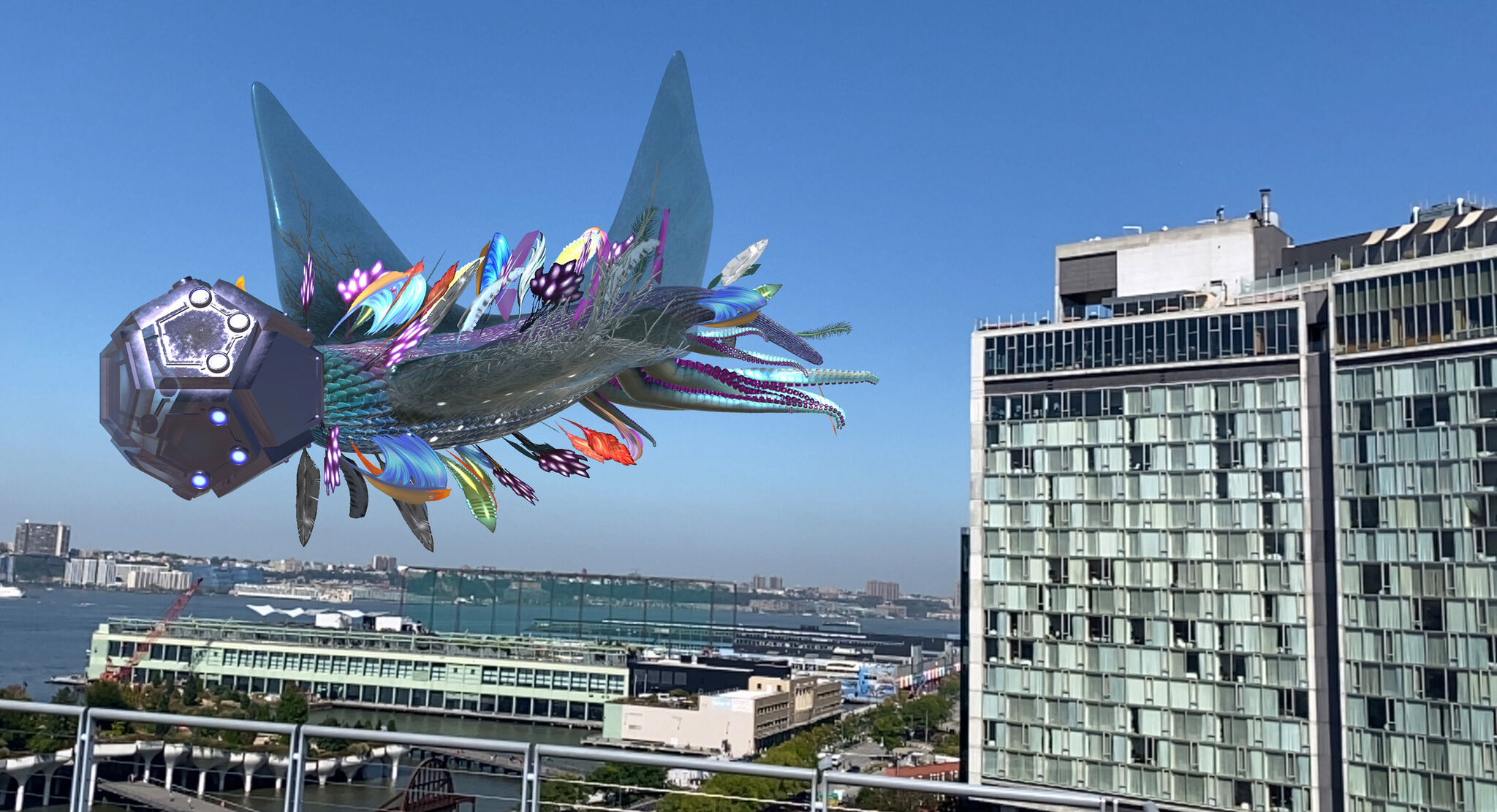 A large creature floats in a very sunny sky with many feathers fluttering around its body. 