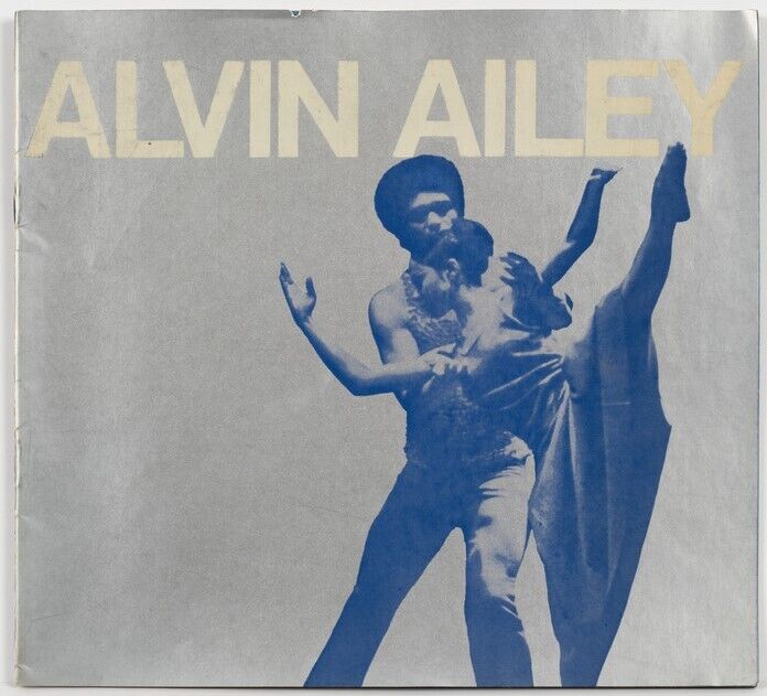 A silver program reads “ALVIN AILEY” at the top in white block letters. Beneath the text is an image in blue ink of two dancers in an embrace. 
