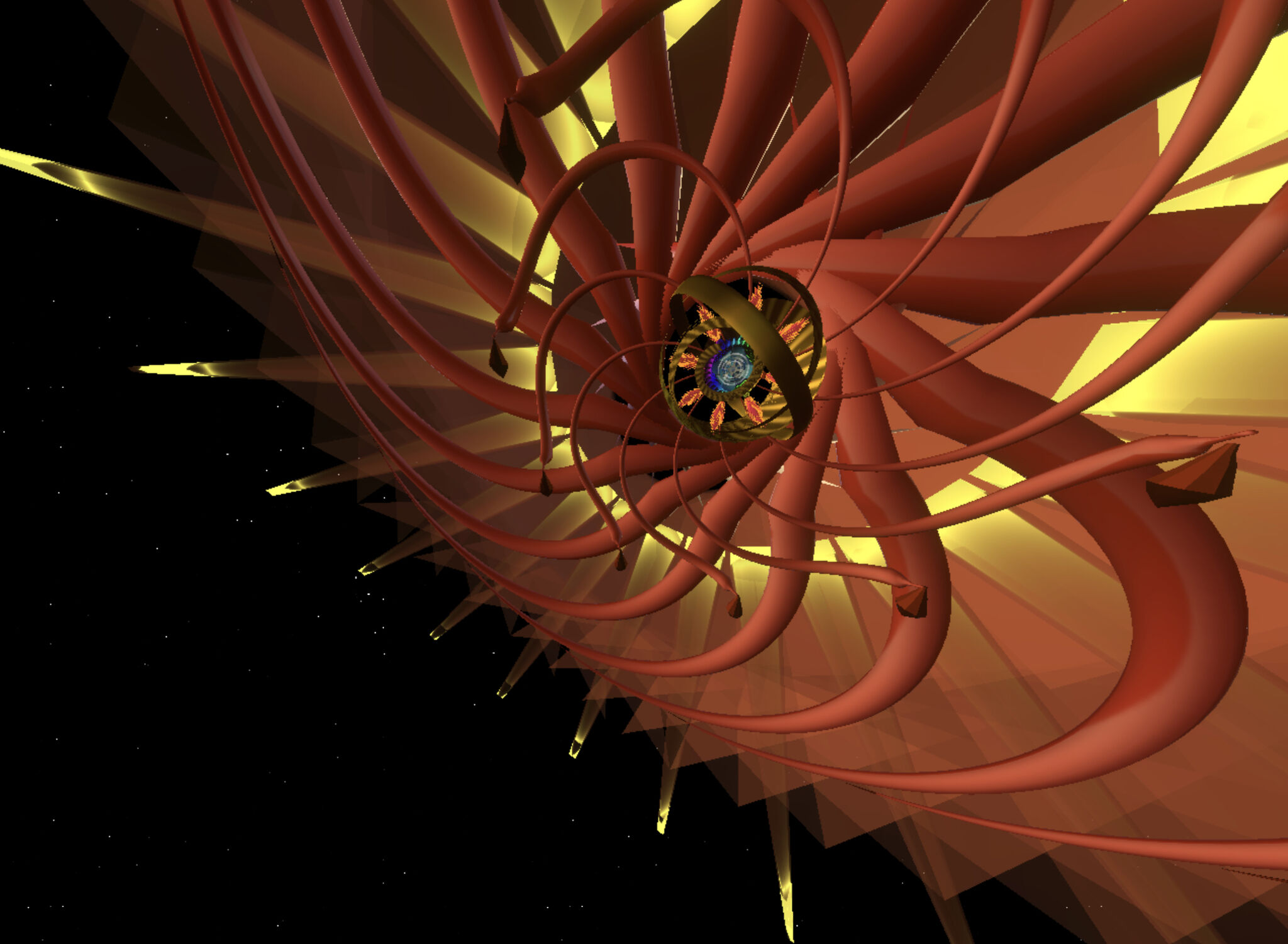 Red blades spiral out in a circle over a black sky, with a yellow glow and more geometric shapes behind. In the center interlocking gold rings rotate over intricate and increasingly smaller details.