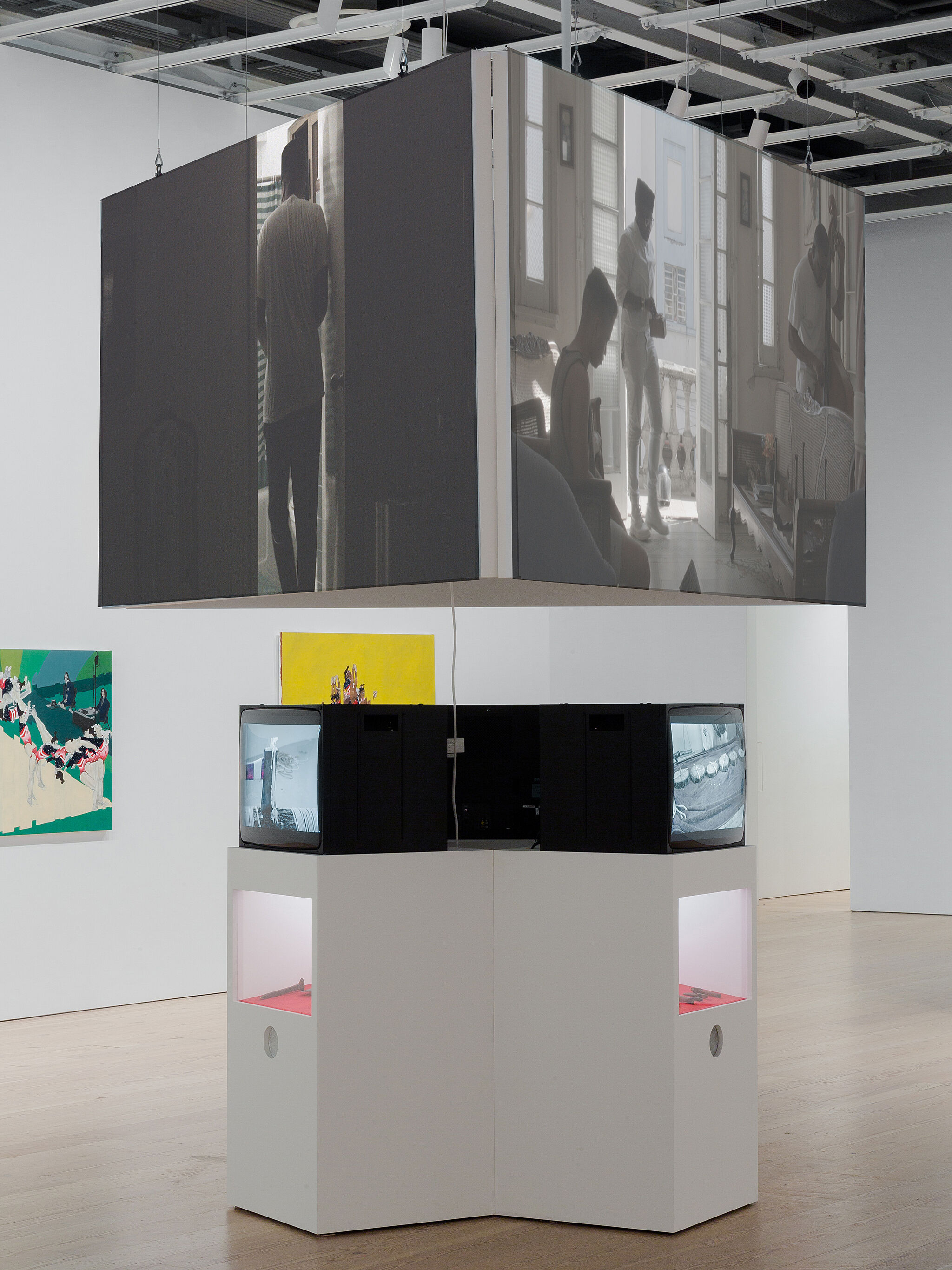 A photo of a video and multi-media installation in the Whitney galleries.