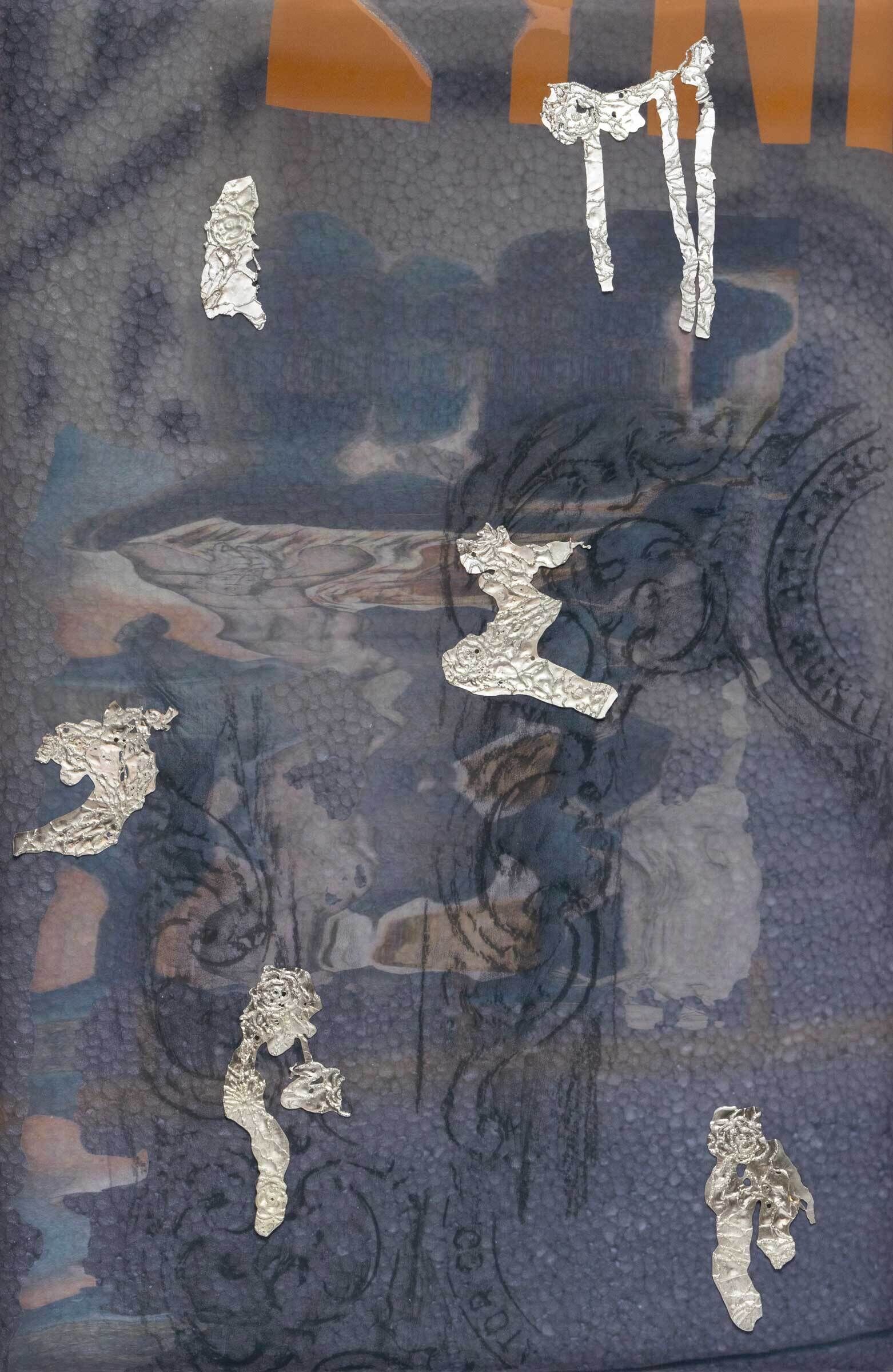 Six small, crumpled silver foil pieces are scattered on a dark, textured background with faint orange letters at the top.