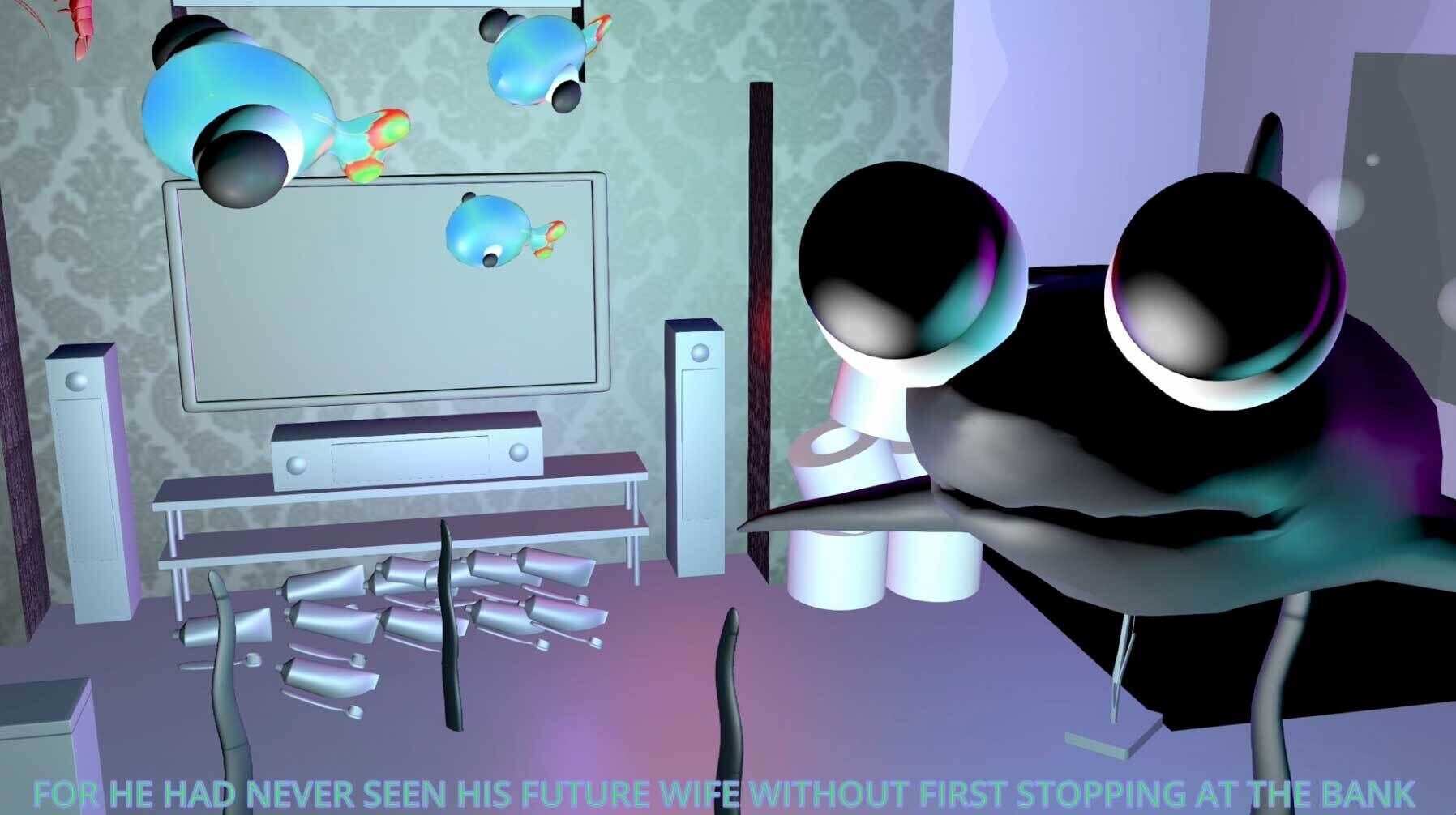 Large cartoon crab with big eyes in a room, with floating fish and bottles on the floor. Text reads: "FOR HE HAD NEVER SEEN HIS FUTURE WIFE WITHOUT FIRST STOPPING AT THE BANK."