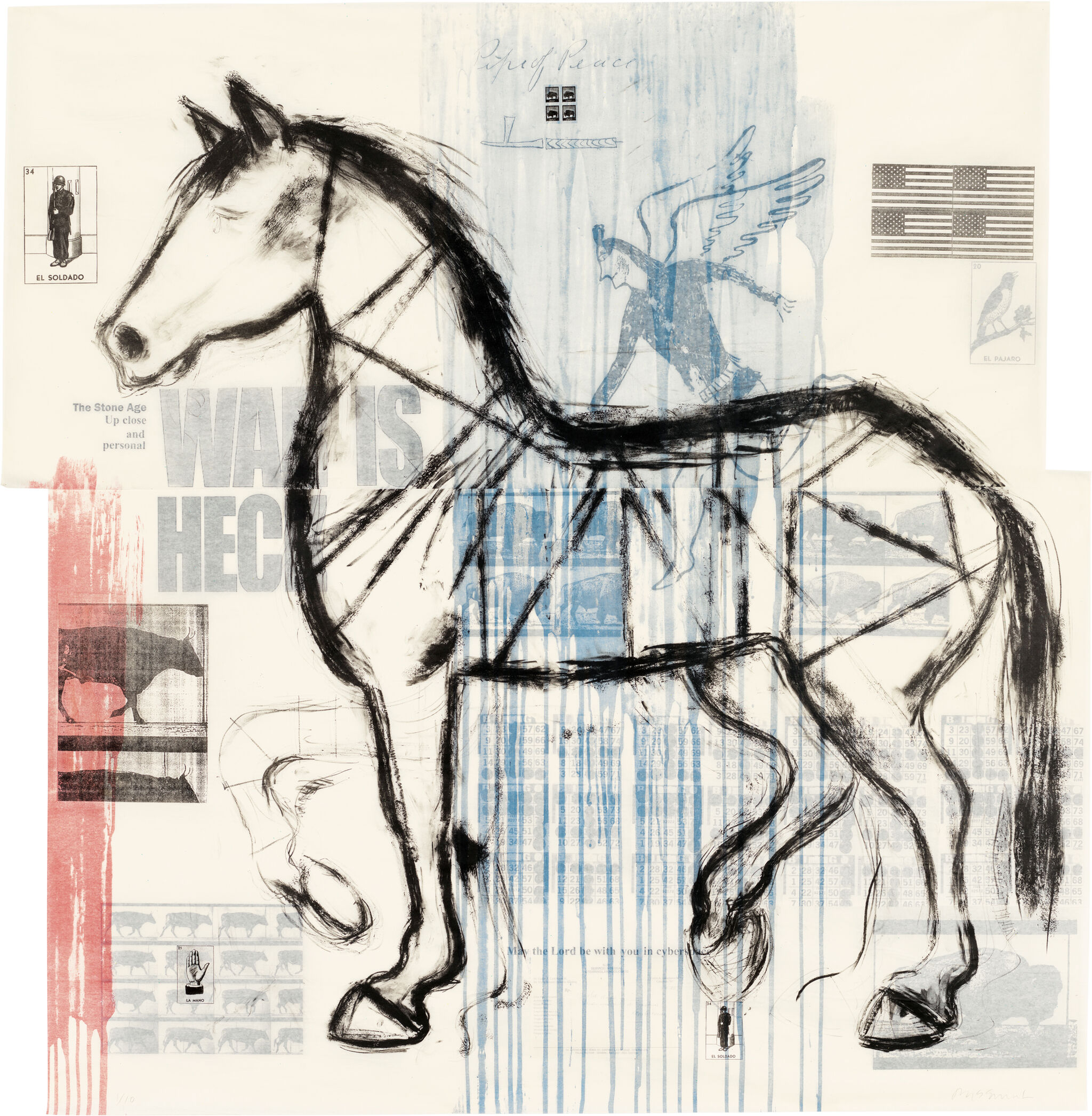 The form of a horse in black over red, white, and blue collage. 
