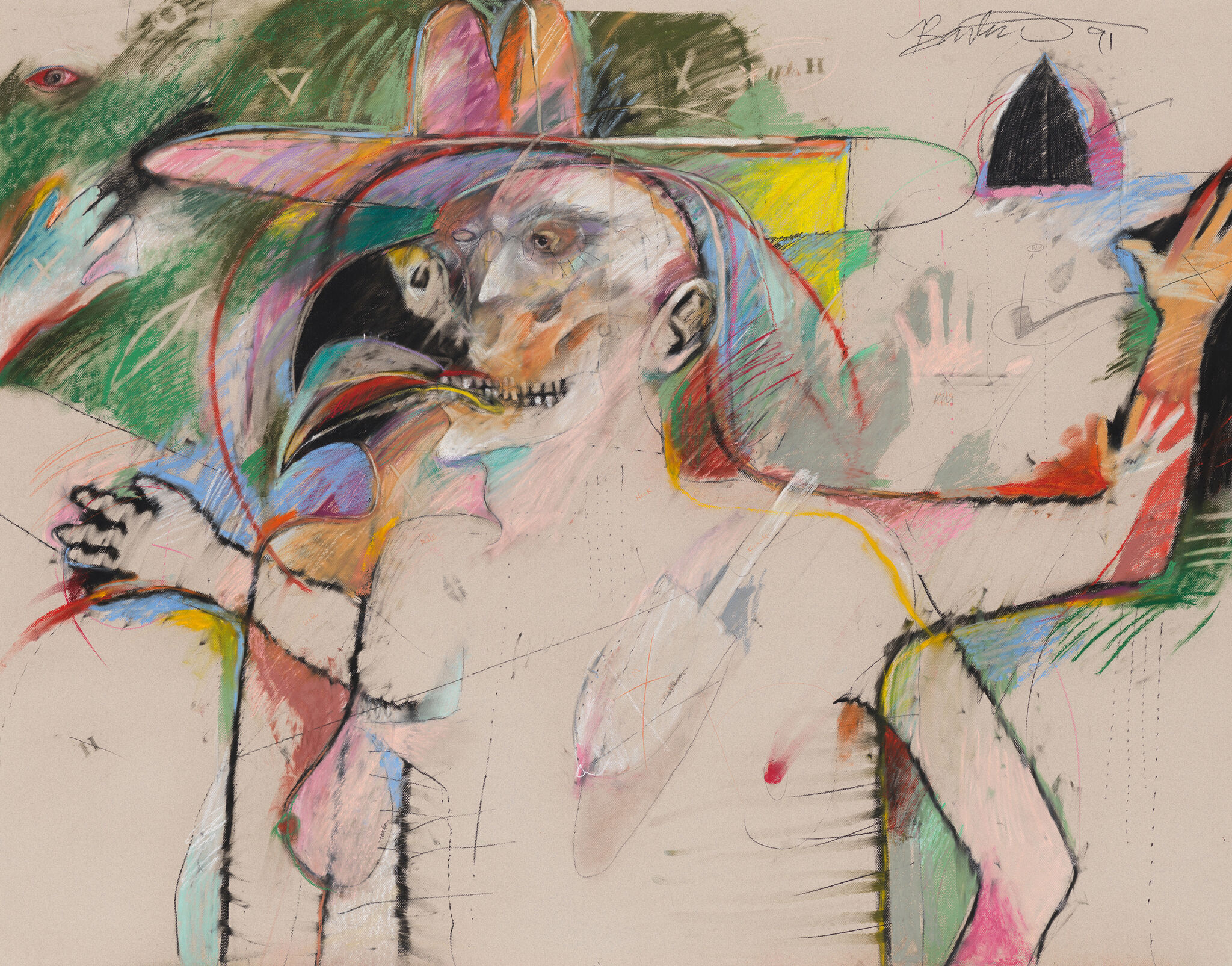 Abstract artwork featuring a figure in motion with swirling colors of green, yellow, and red hues.