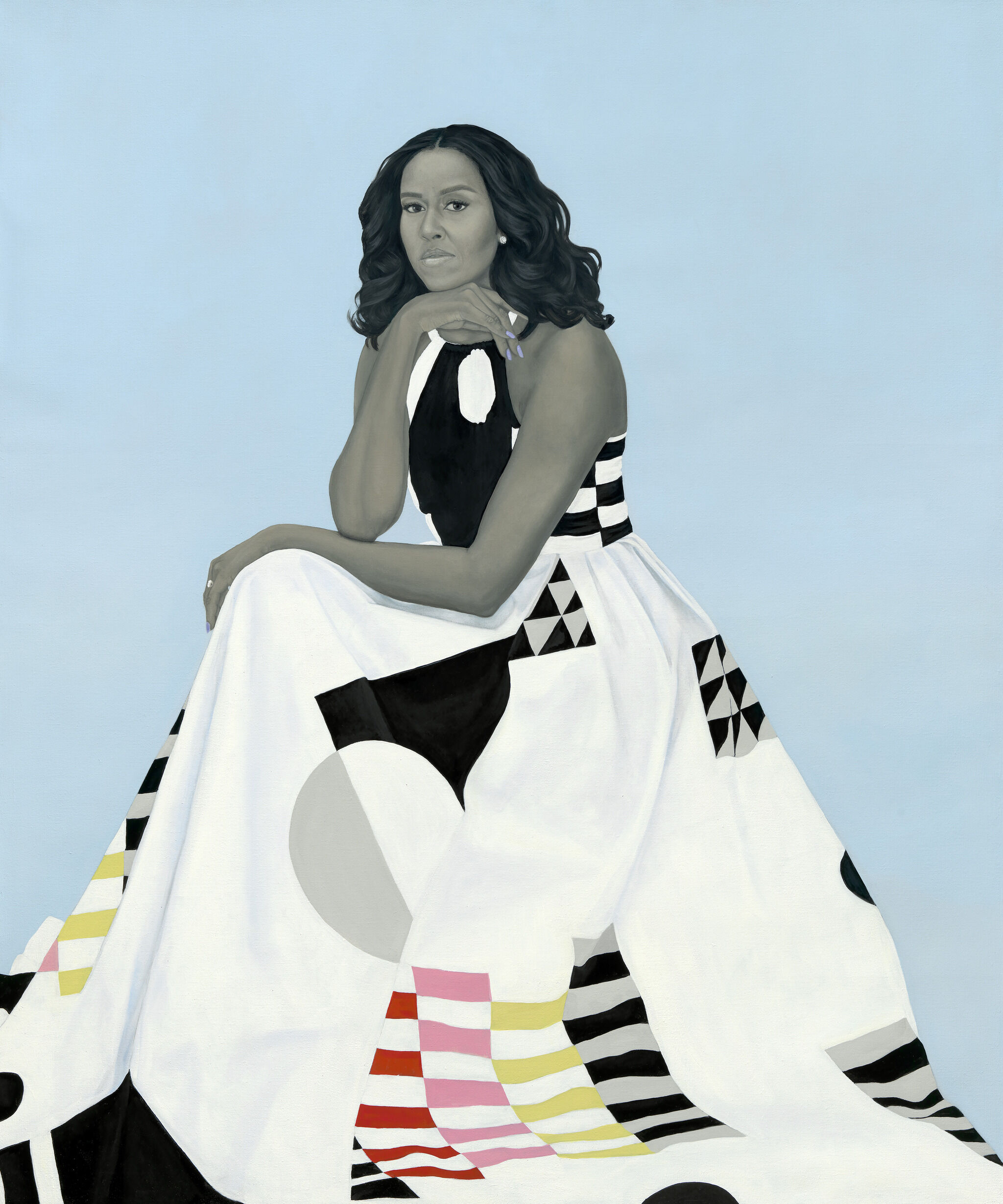 Painting of Michelle Obama in a patterned dress sitting against a light blue background, resting her chin on her hand.
