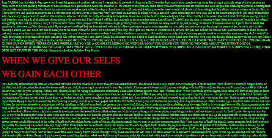 Lines of green text on a black background, with larger red text in the middle that says WHEN WE GIVE OUR SELFS WE GAIN EACH OTHER.