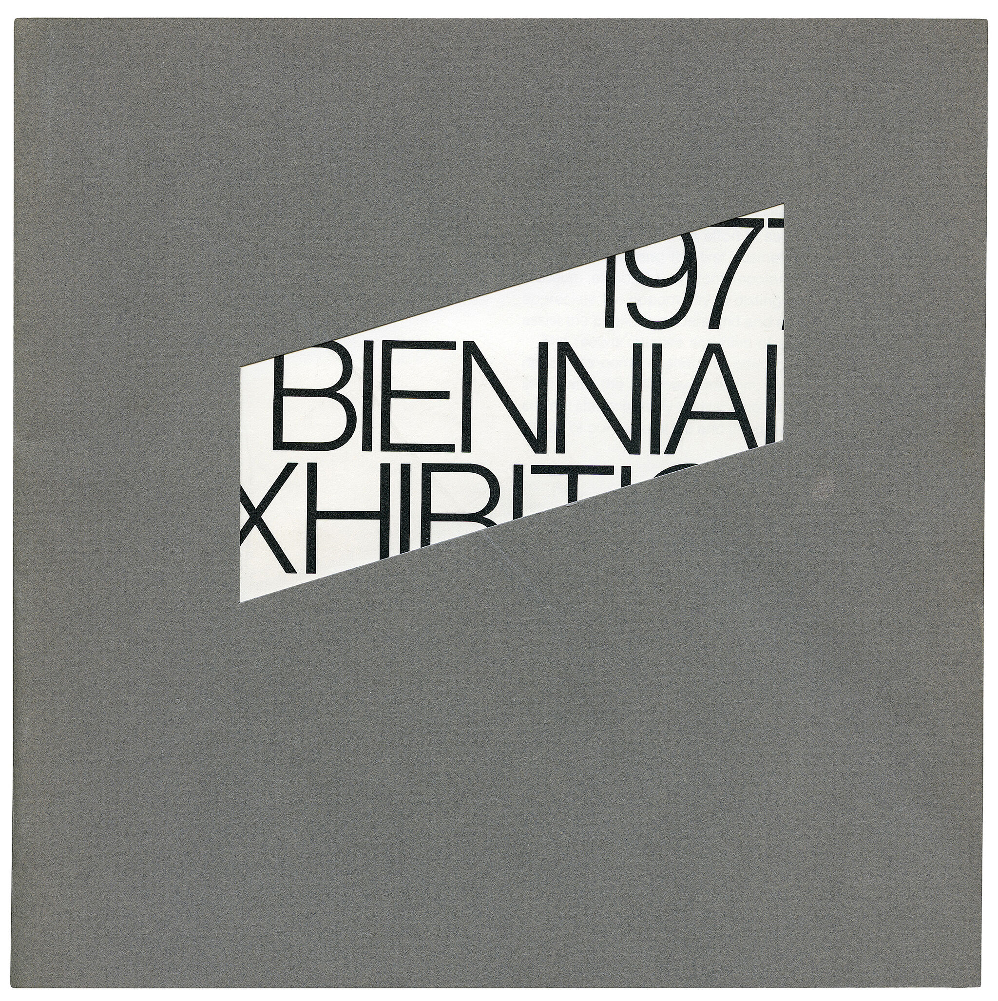 Gray cover with a diagonal cutout revealing partial text: "1977 Biennial Exhibition."