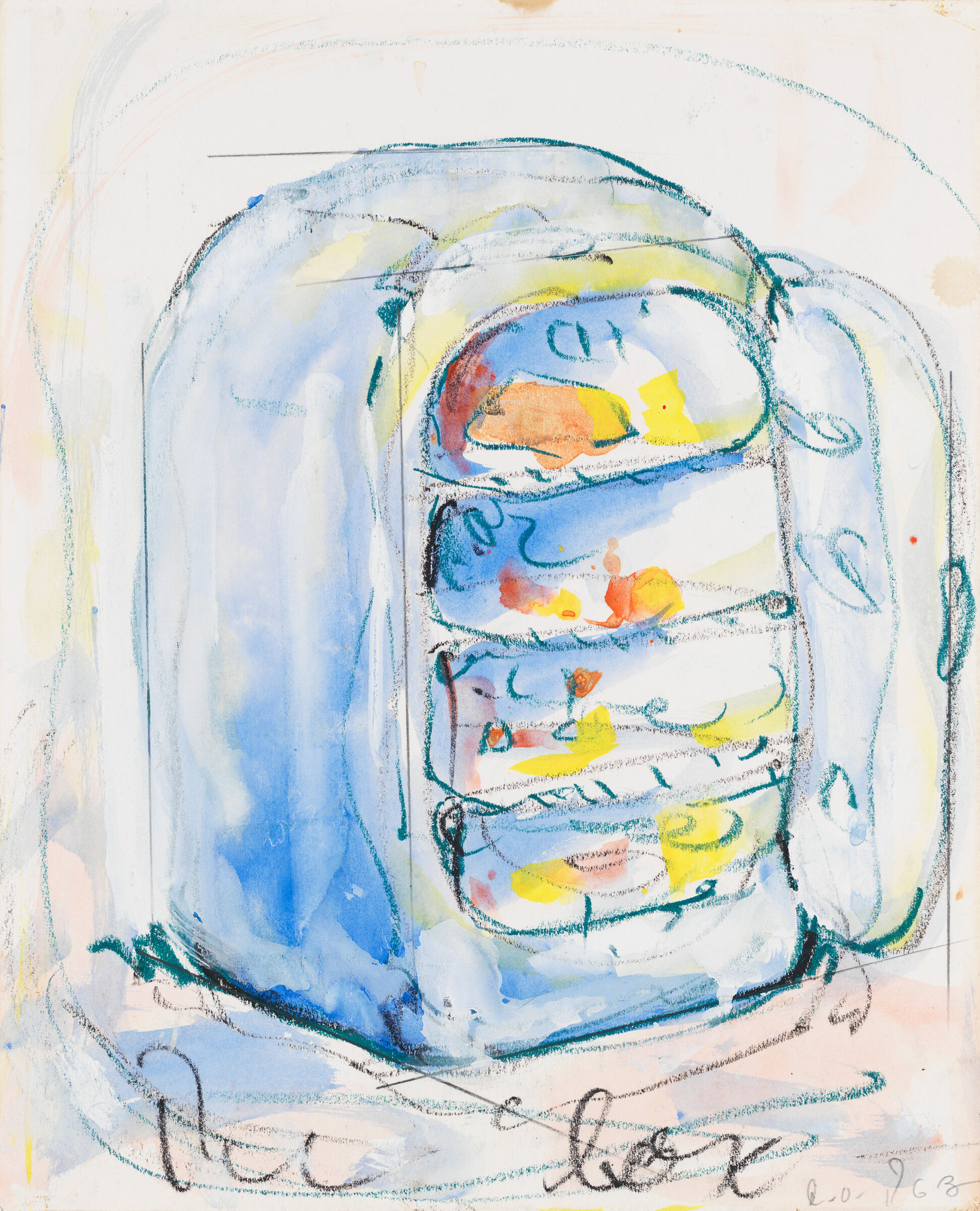 A loosely drawn refrigerator with shelves holding colorful food items, with the words “ice box” written below.