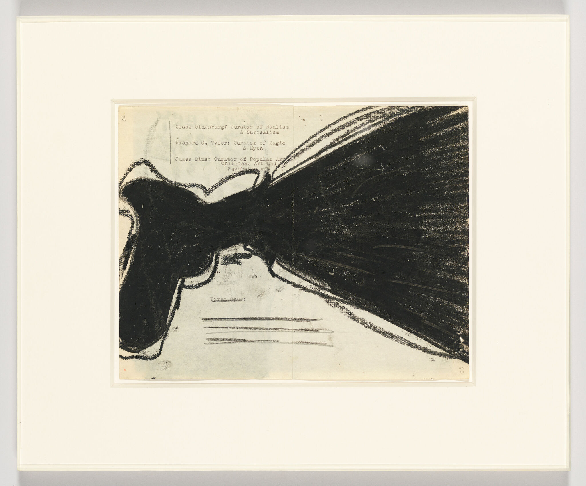 Large black abstract shape drawn over a typed list of names and titles, partially obscuring the text.