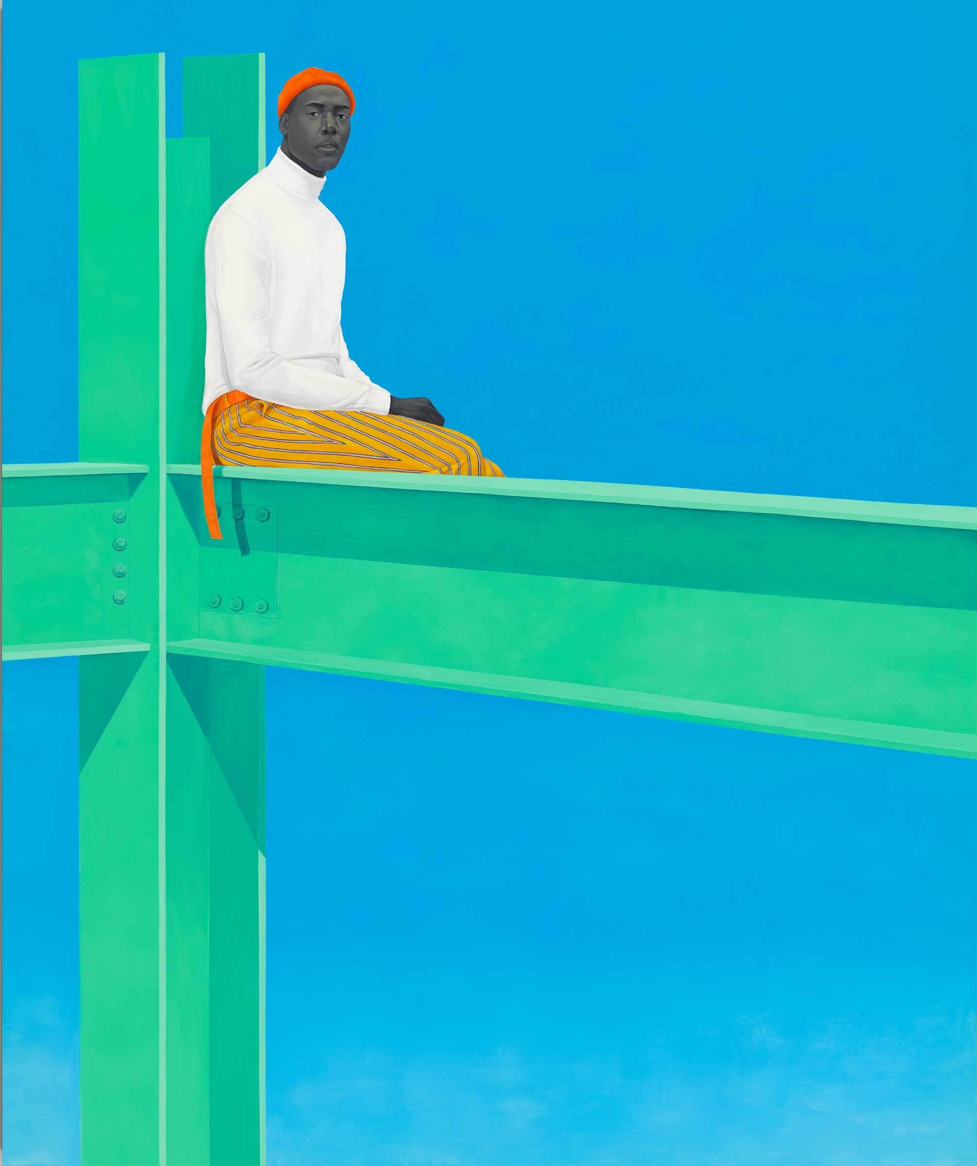 Person in white shirt and striped pants sits on green beam against a bright blue background.