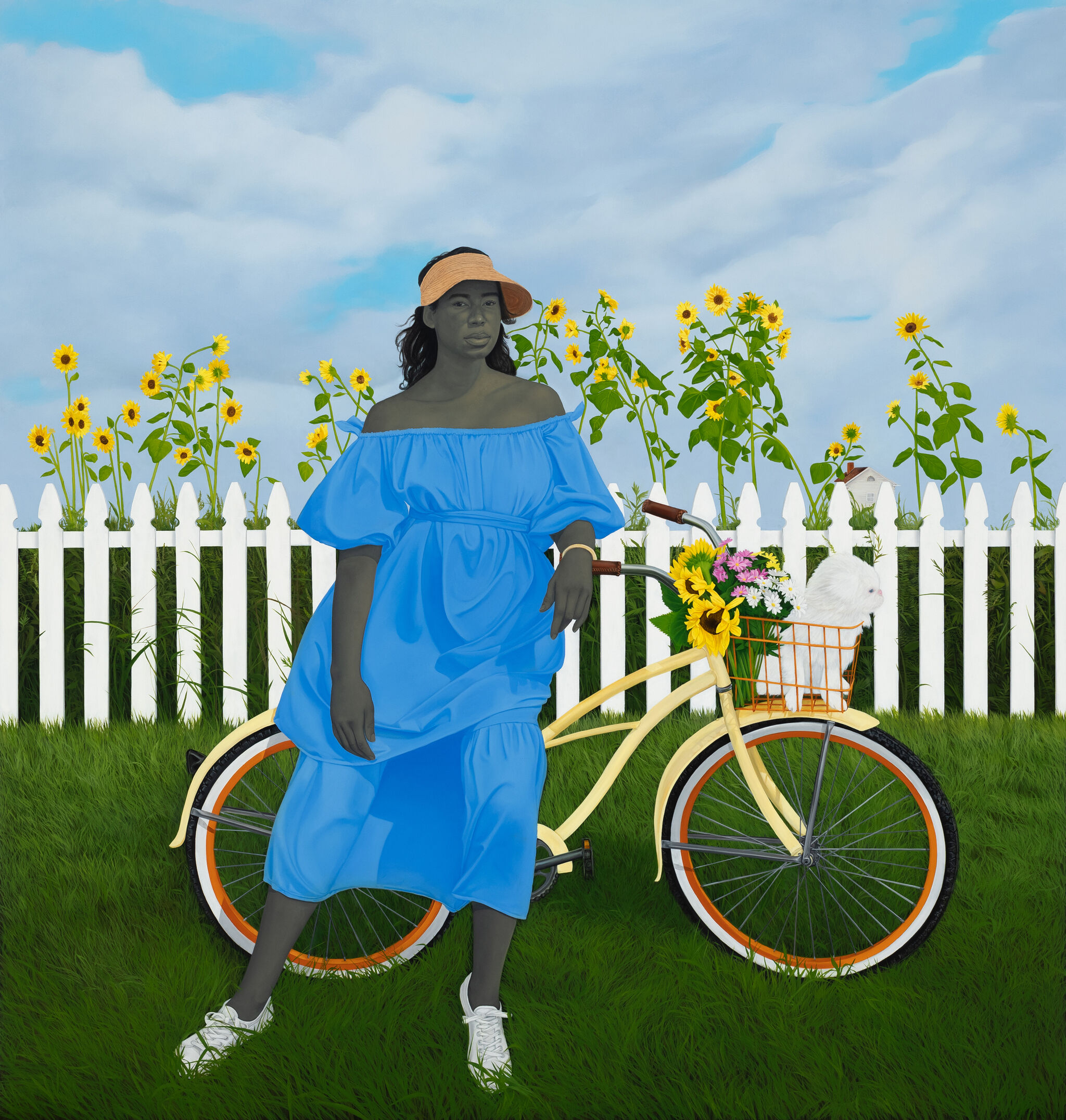 Woman in a blue dress leans on a yellow bike with flowers and a white rabbit in the basket, set against a sunflower-lined white fence.
