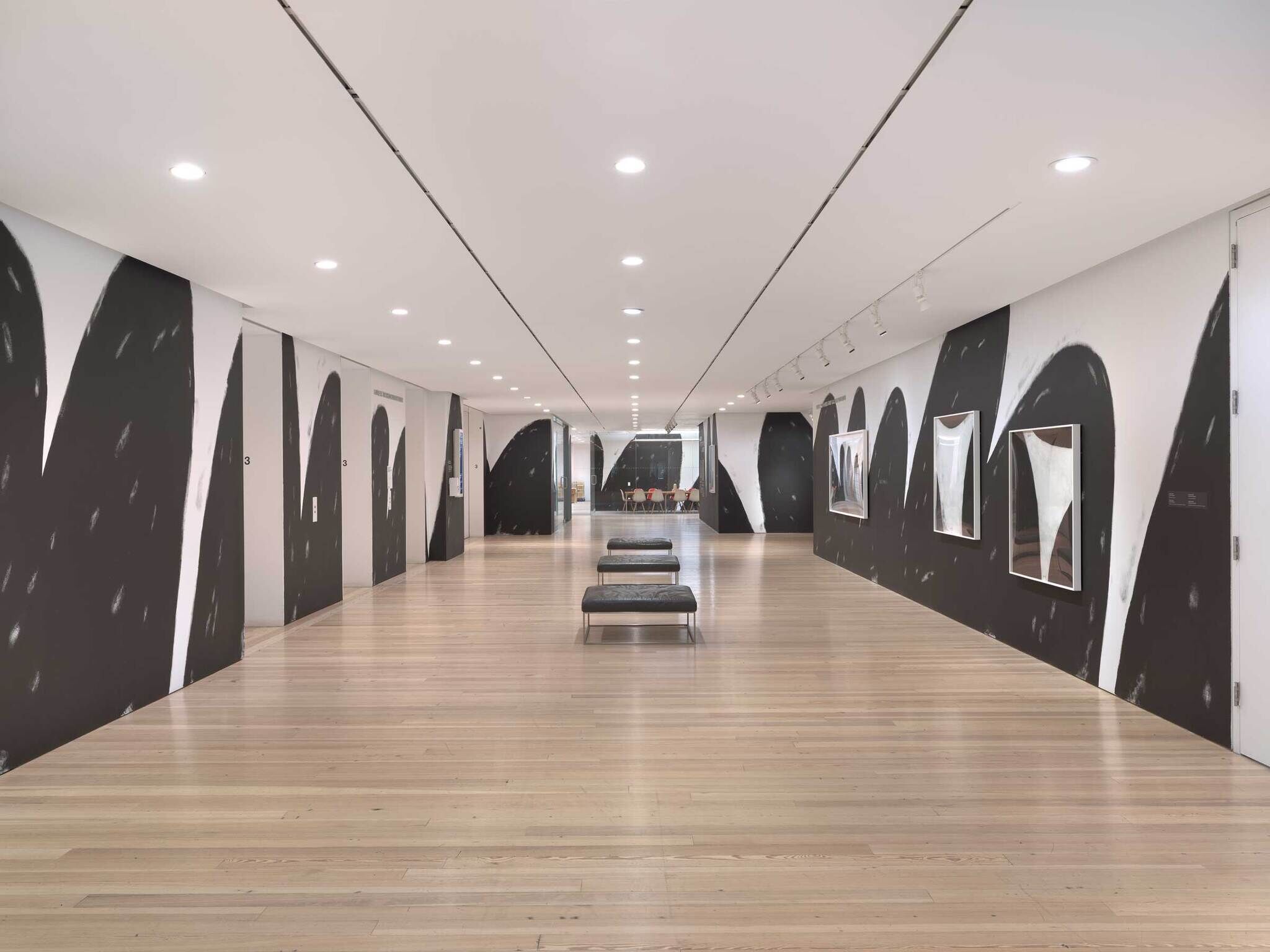 Spacious gallery hallway with abstract black and white wall art, wooden floor, and benches.