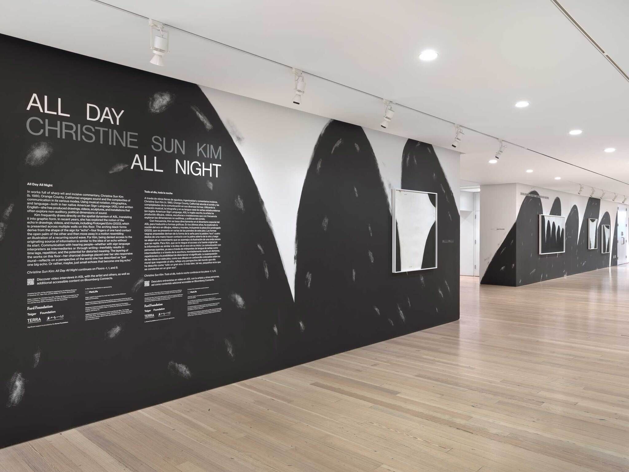 Gallery wall with black and white abstract art and text reading "All Day Christine Sun Kim All Night."