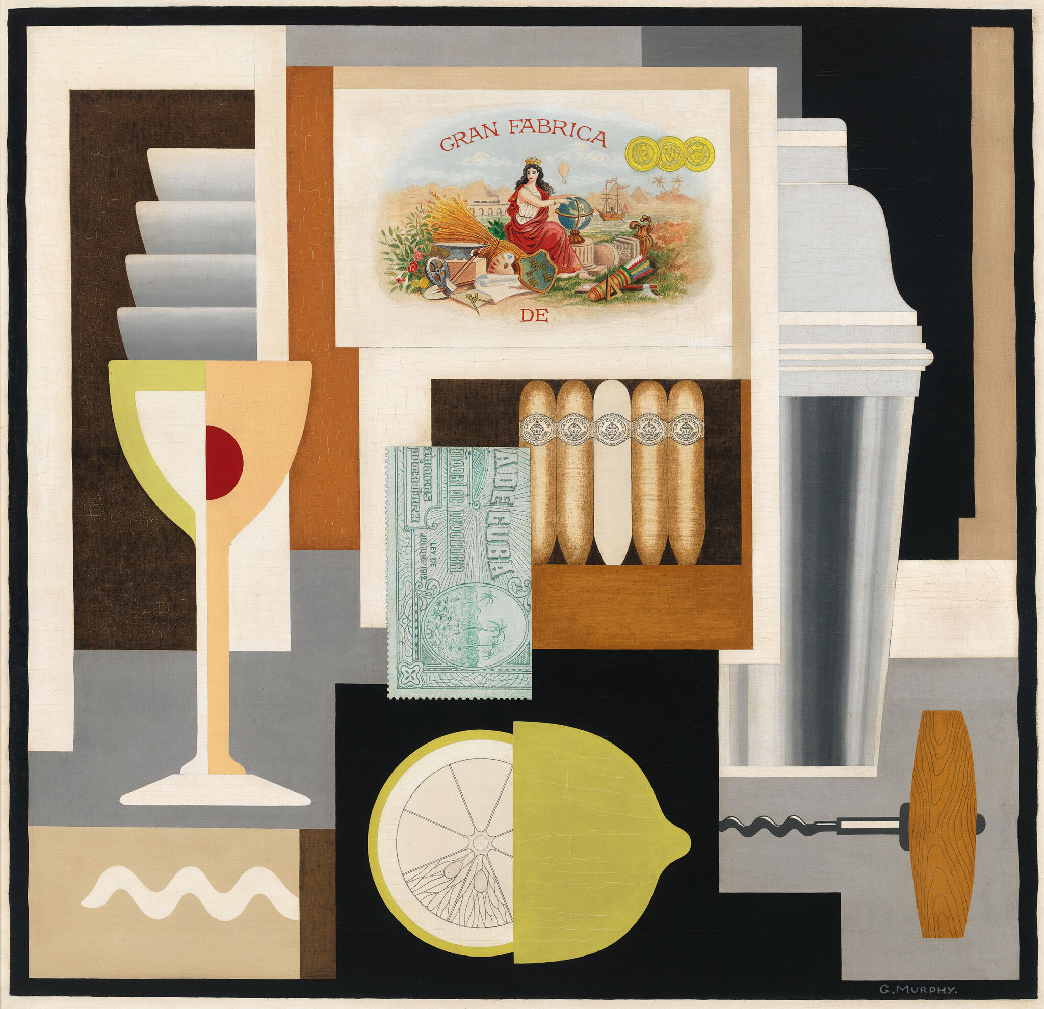 Cubist-style painting with a cocktail glass, cigars, a lemon, a corkscrew, and a label reading "Gran Fabrica."