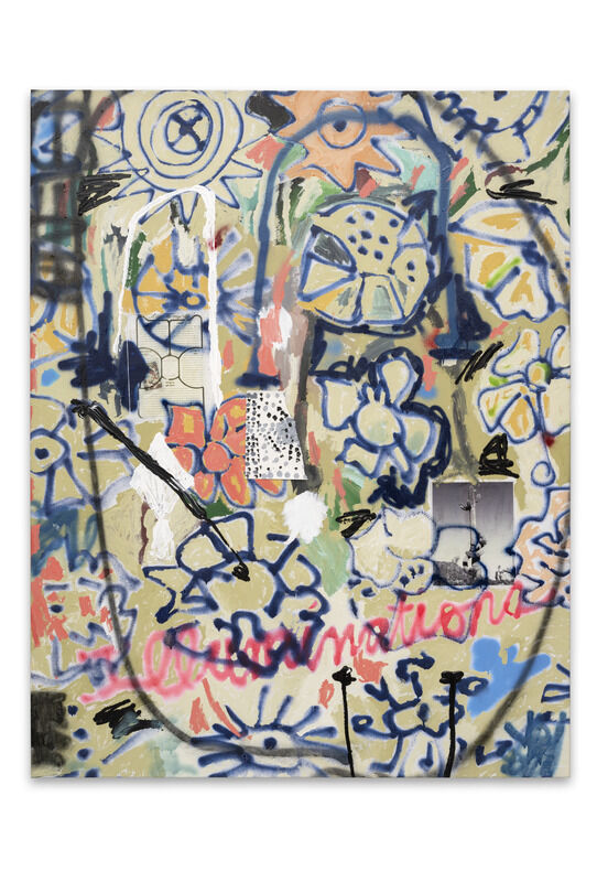 Colorful abstract painting with flower shapes, geometric patterns, and the word "illuminations" written in pink across the bottom.