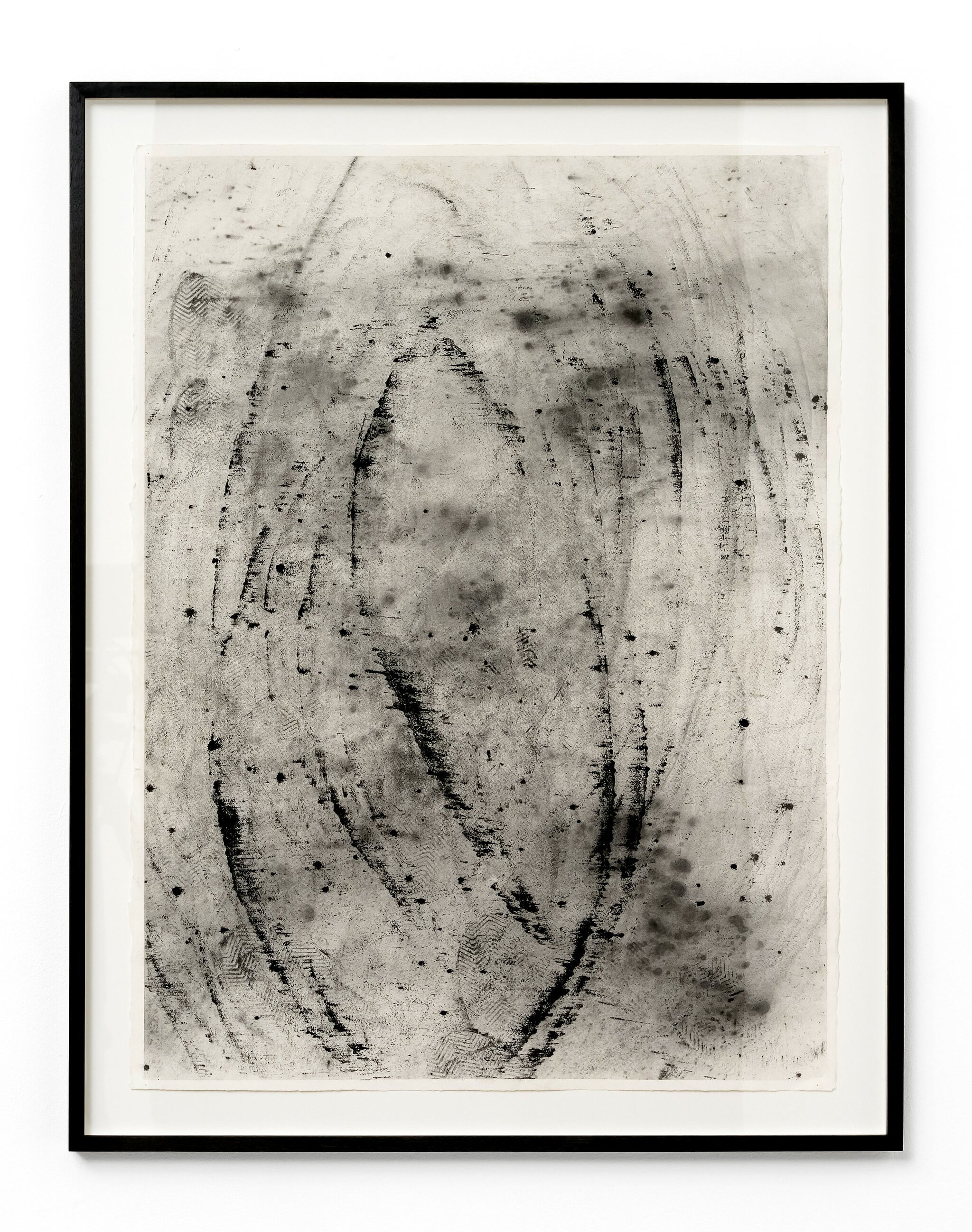 Abstract black and white artwork with swirling lines and textured patterns in a black frame.