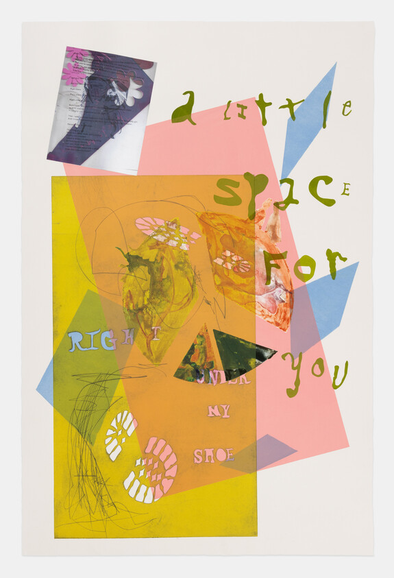 Colorful abstract artwork with overlapping shapes and text reading, "a little space for you right under my shoe."