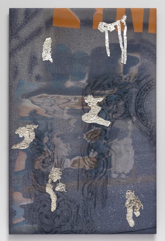 Abstract artwork with a dark blue background, orange shapes at the top, and scattered silver foil pieces throughout.